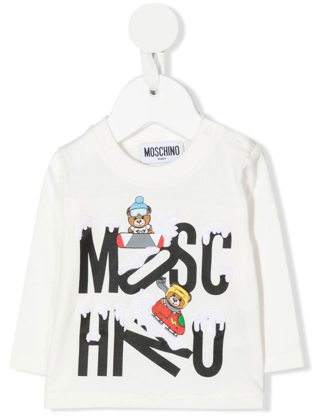 Moschino Babies' T-shirt With Teddy On The Snowboard In Bianco