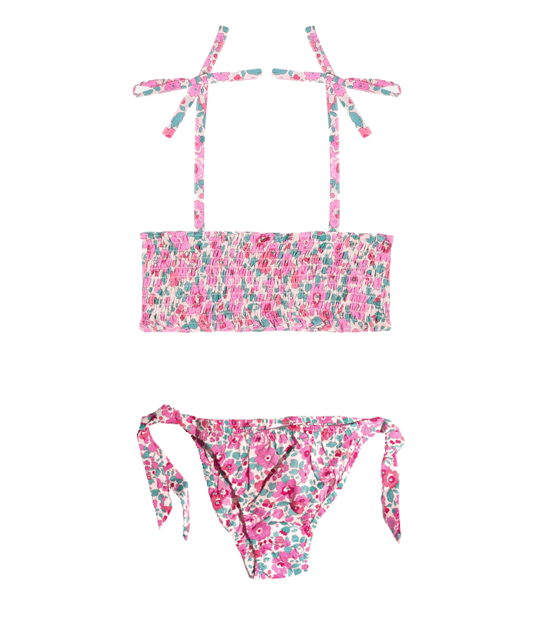 Pesciolino Rosso Kids' Bows Bandeau Bikini With Pink Flowers In Rosa