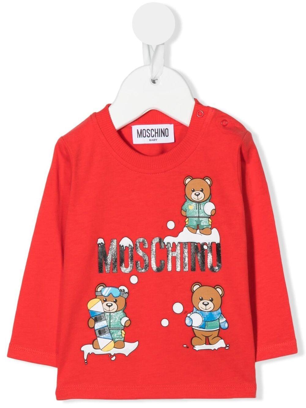 Moschino Babies' T-shirt With Teddy With Snow In Rosso