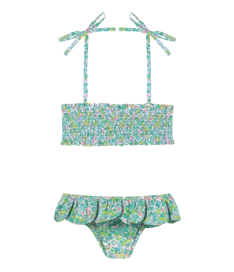 Pesciolino Rosso Kids' Petals Bandeau Bikini With Green Flowers In Verde