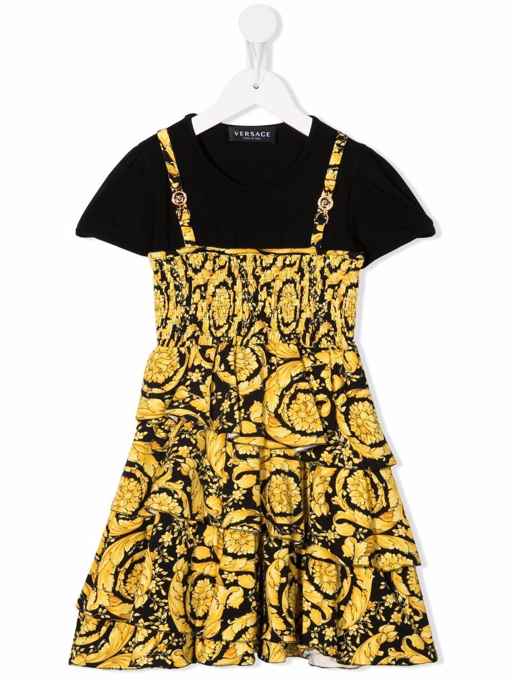 Versace Kids' Dress With Ruffles And Baroque Print In Nero