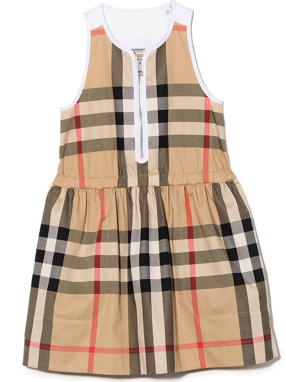 Shop Burberry Sleeveless Dress With Checked Pattern In Beige