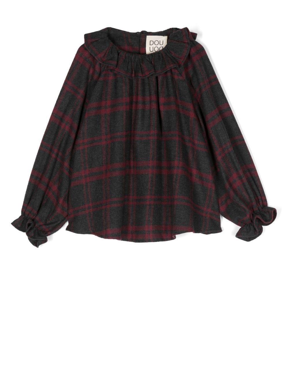 Douuod Kids' Flared Checked Blouse In Grigio